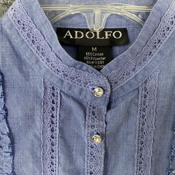 Adolfo Chambray Blue Button-up Shirt Women Size M Ruffles Crystal Buttons - Picture 5 of 14